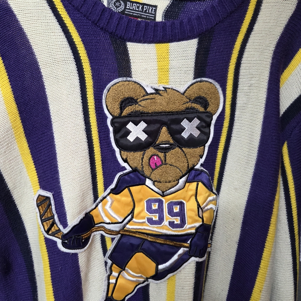 Men's Striped Sweater with Bear Design - Purple, Yellow, White